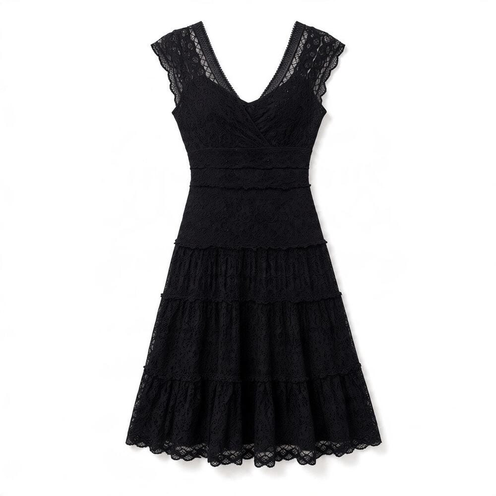 Vintage Y2K Black Lace Midi Dress Whimsigoth Fairy Grunge Small Witchy Whimsical